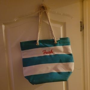 NEW Blue & White Canvas Bag with Cotton Straps Monogrammed with Faith in Pink